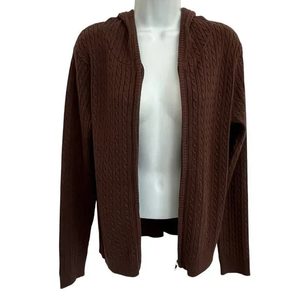 Womens Brown Ribbed Cable Knit Hooded Sweater Small Zip Dark Academia 90s Y2K - Picture 7 of 9